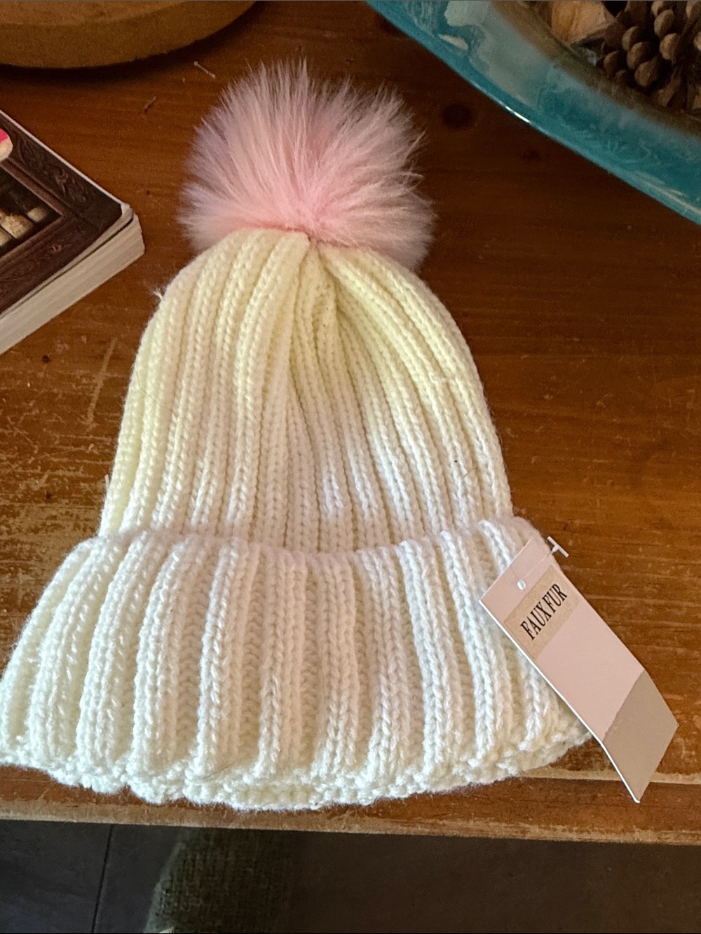 bp Cream Ribbed Beanie with Pink Pom